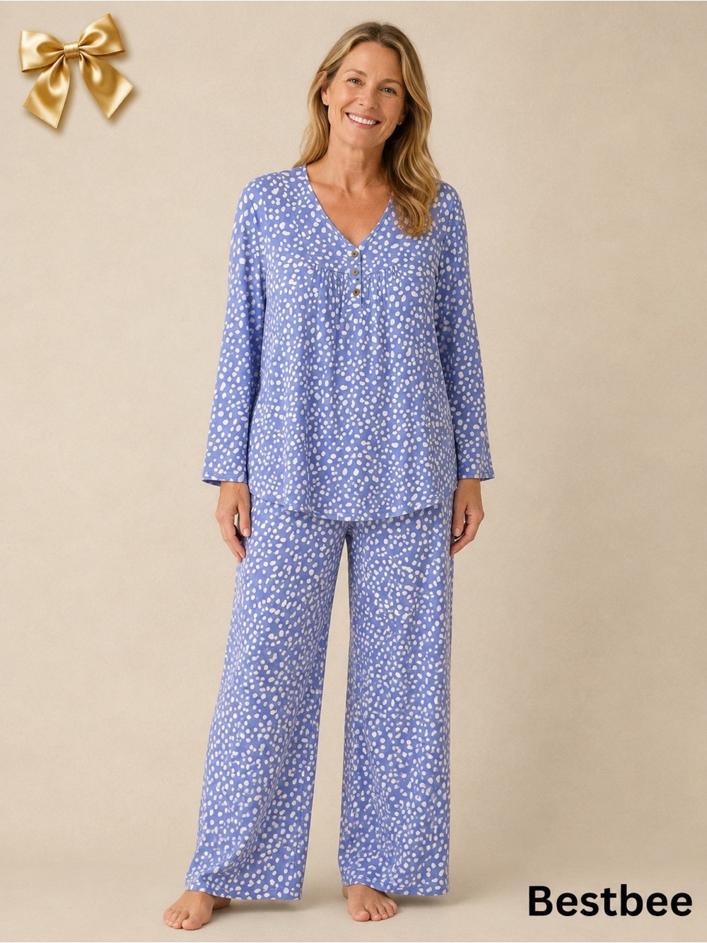 Bestbee Lavender White Print Lounge Pajama Set Long Sleeve Top Wide Leg Medium
